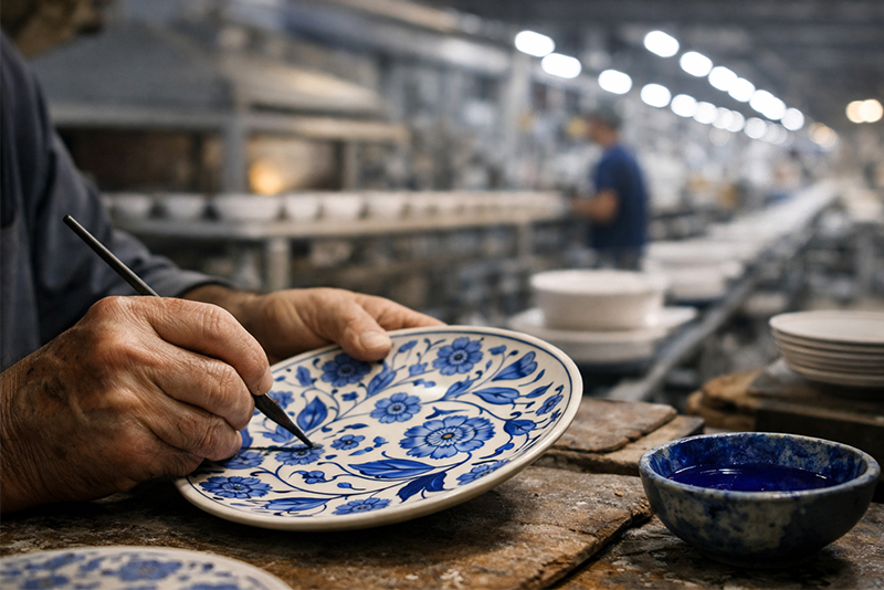 Kütahya çini tabak ve fırça detayları, tarihi sokak arka planıyla kültürel üretim mirası