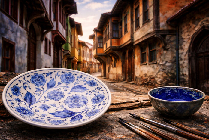 Kütahya’da geleneksel çini ustasının el emeği seramik üretimi ve tarihi Osmanlı evleri arka plan